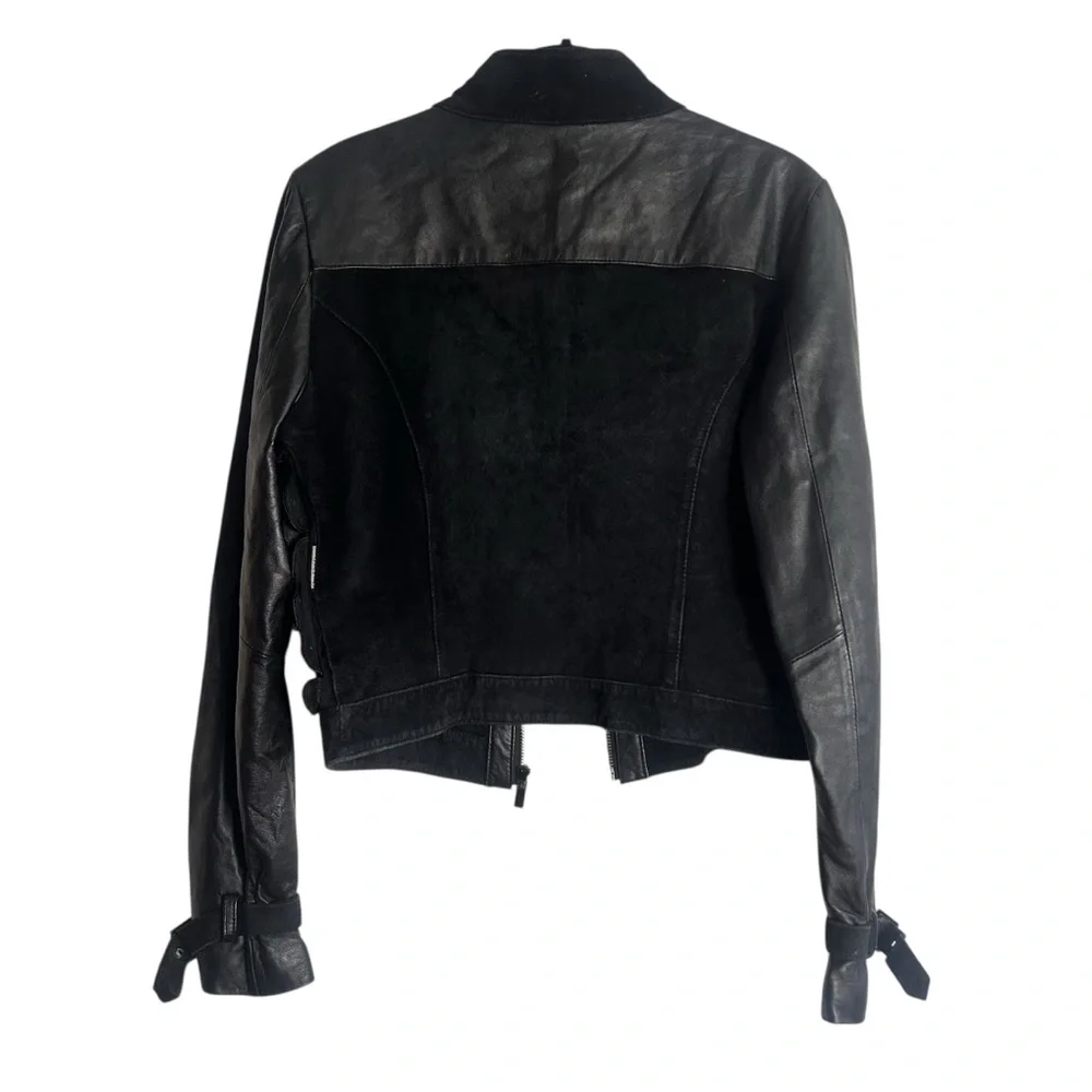 🌟 BEBE Black Leather & Suede Ruffle Moto Jacket 🌟 - Picture 4 of 9